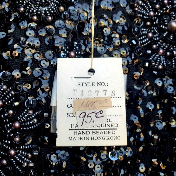 Vintage 1960s Black Hand Beaded NWT Sequined Wool Top 10 Made in Hong Kong NOS - Picture 3 of 12